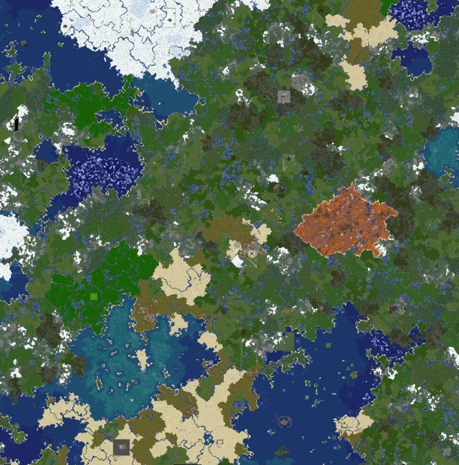 Image of the Alfamine Season 1 world, generated through the Dynmap plugin, 2D top-down perspective