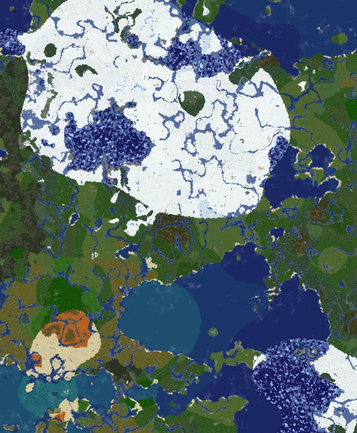 Image of the Alfamine Season 2 world, generated through the Dynmap plugin, 2D top-down perspective