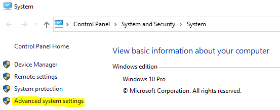 Image of System and Security / System in Control Panel, Advanced system settings option in the left menu is highlighted